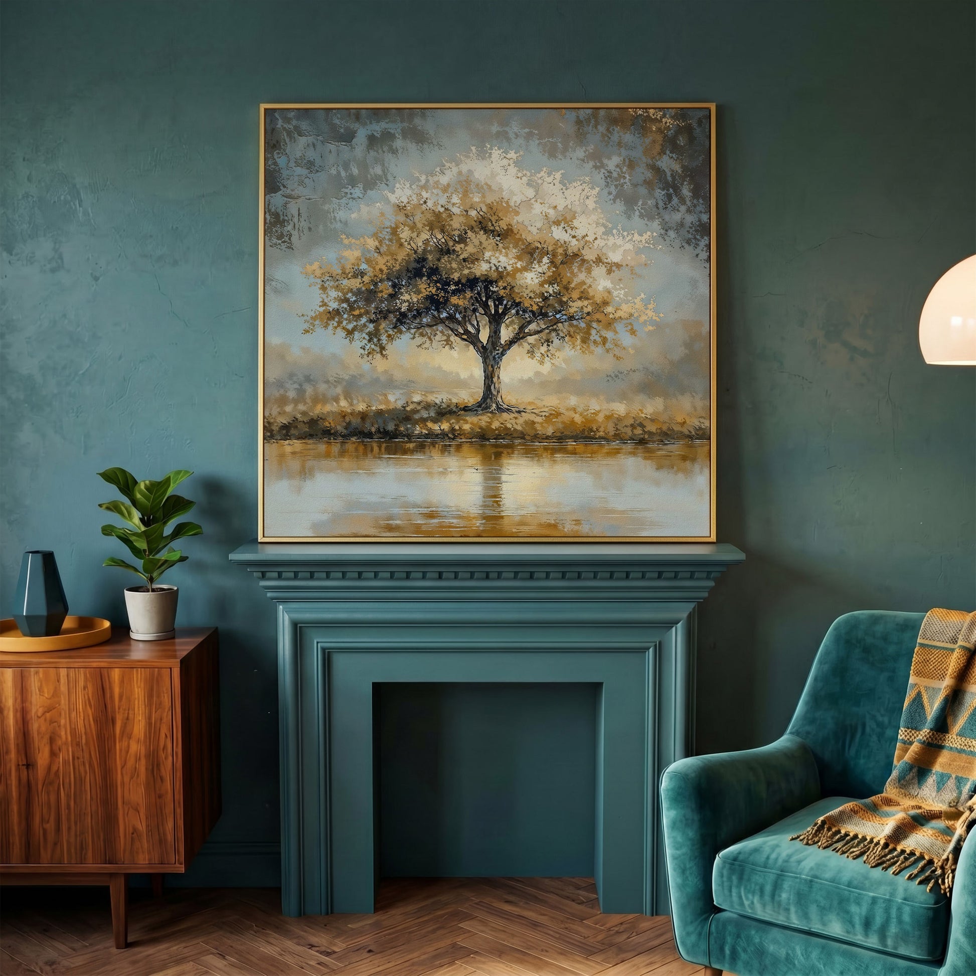 Lonely Tree by Water with Golden Foliage Canvas in yellow gold floating frame