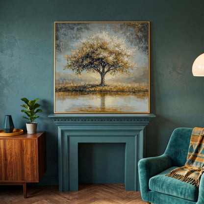 Lonely Tree by Water with Golden Foliage Canvas in yellow gold floating frame