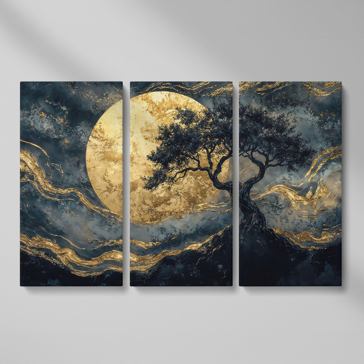 Tree Silhouette with Golden Moon Canvas as 3-panel split version