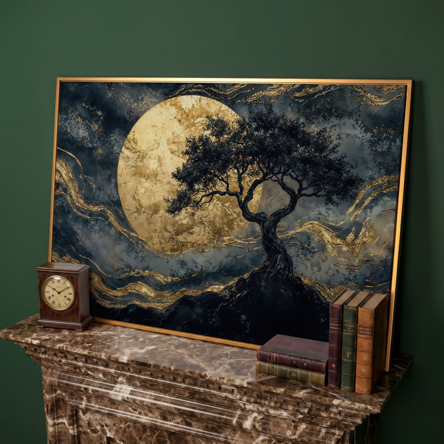 Tree Silhouette with Golden Moon Canvas in antique gold floating frame