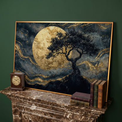 Tree Silhouette with Golden Moon Canvas in antique gold floating frame