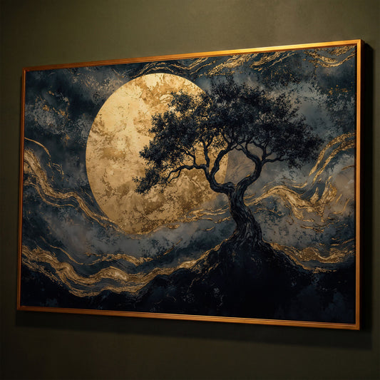 Tree Silhouette with Golden Moon Canvas shown in antique gold floating frame