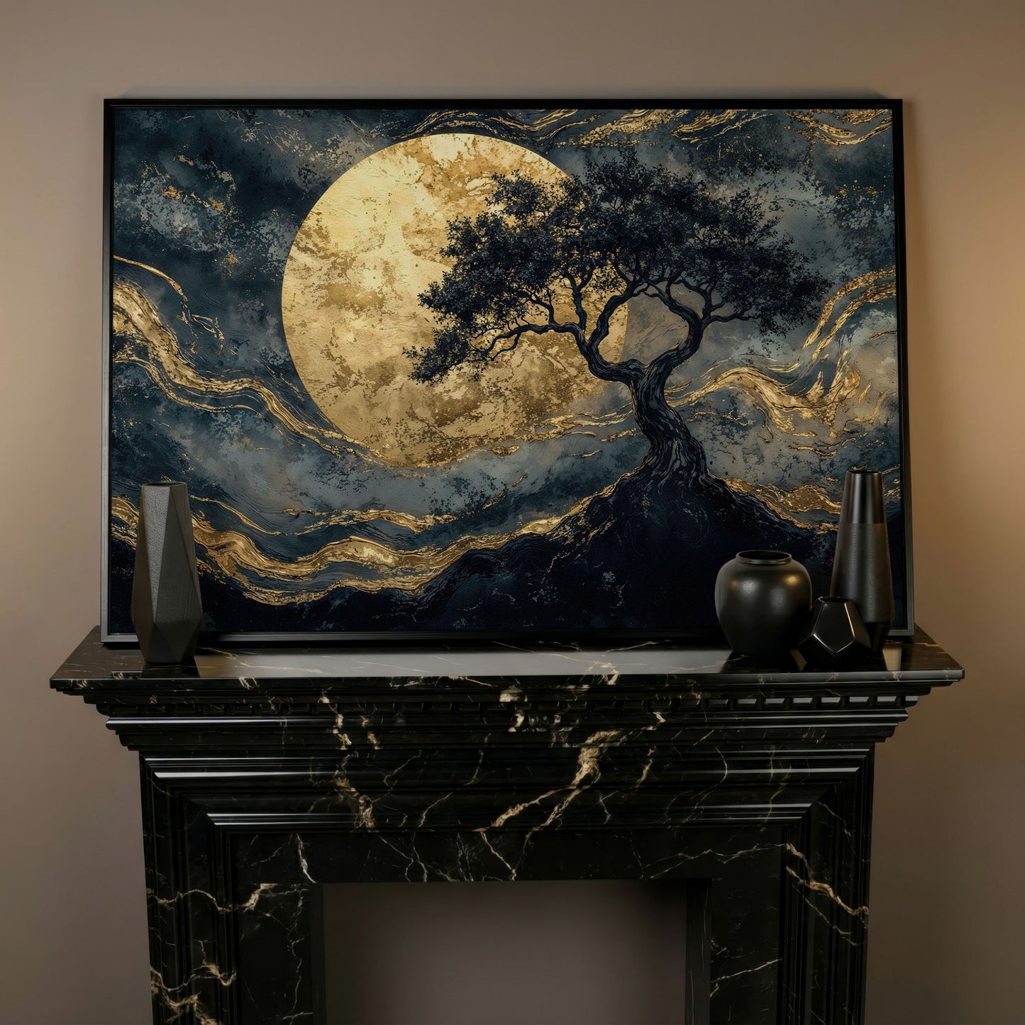 Tree Silhouette with Golden Moon Canvas in black floating frame
