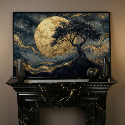 Tree Silhouette with Golden Moon Canvas in black floating frame