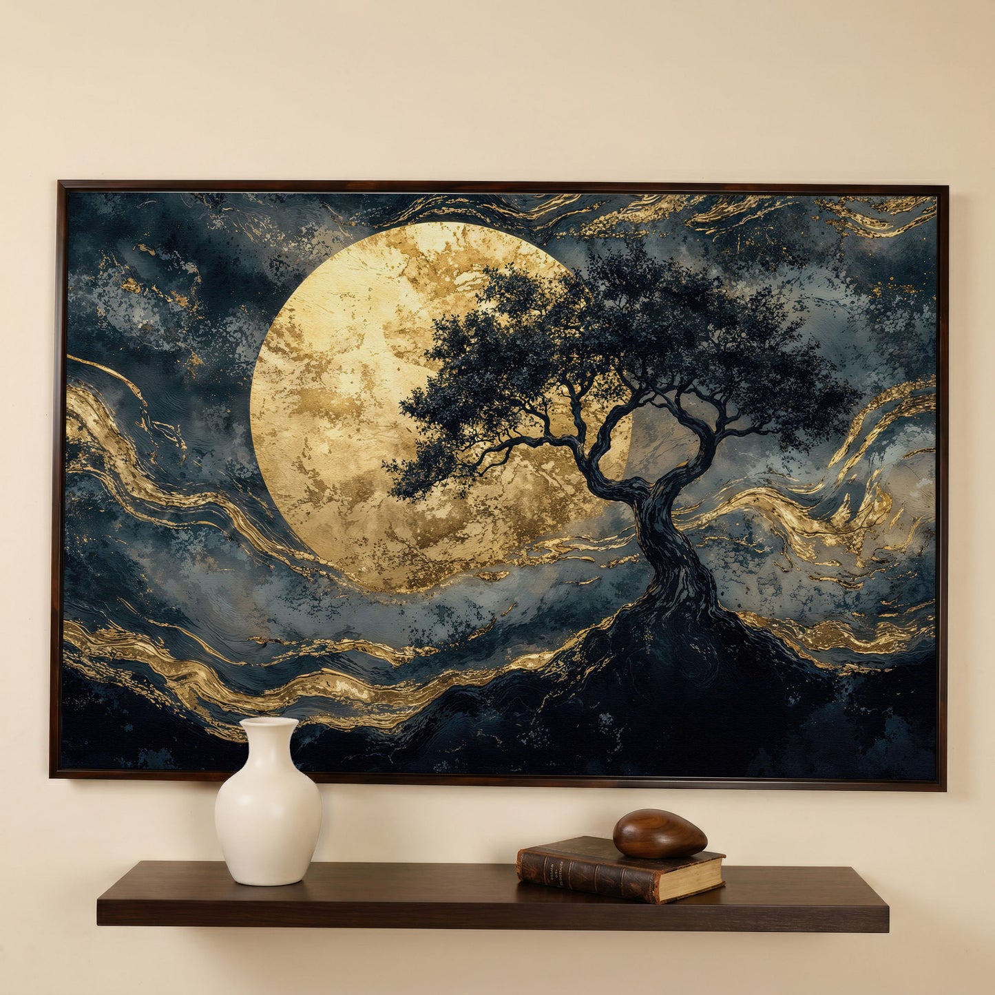 Tree Silhouette with Golden Moon Canvas in dark walnut floating frame