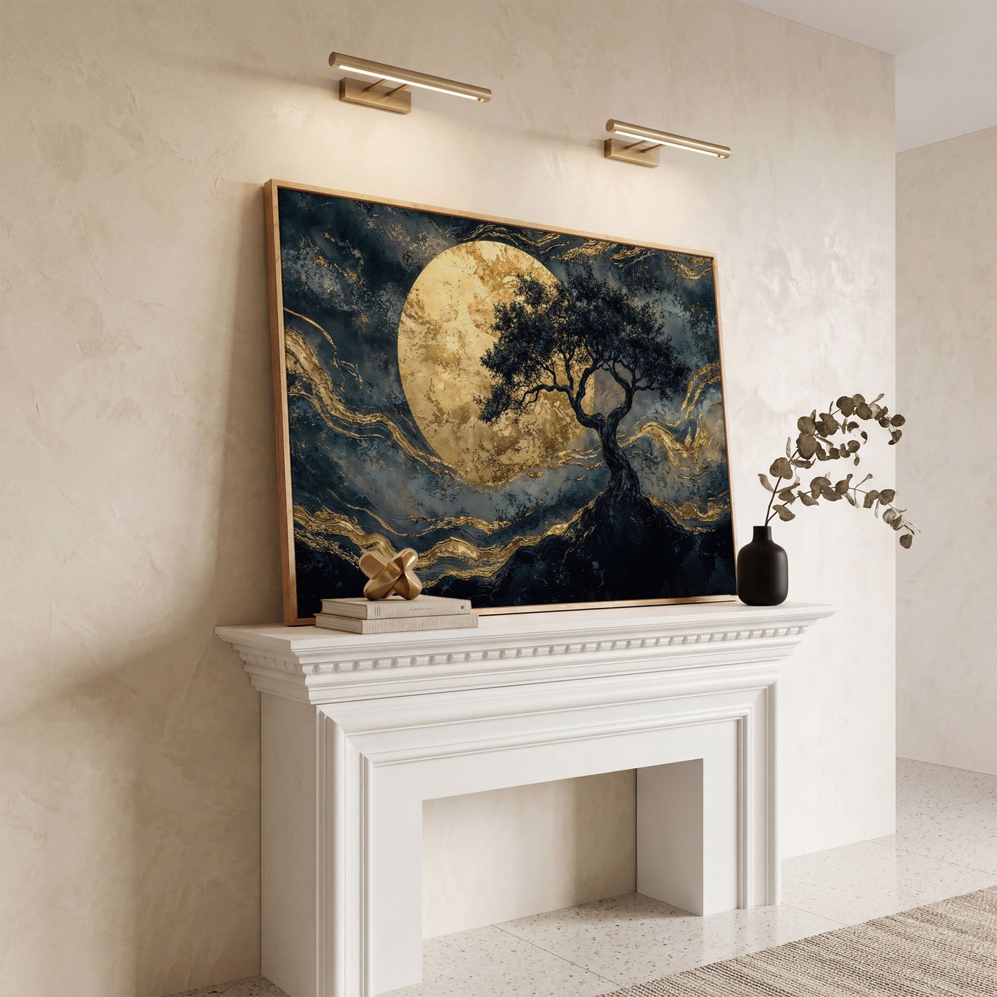 Tree Silhouette with Golden Moon Canvas in white oak floating frame