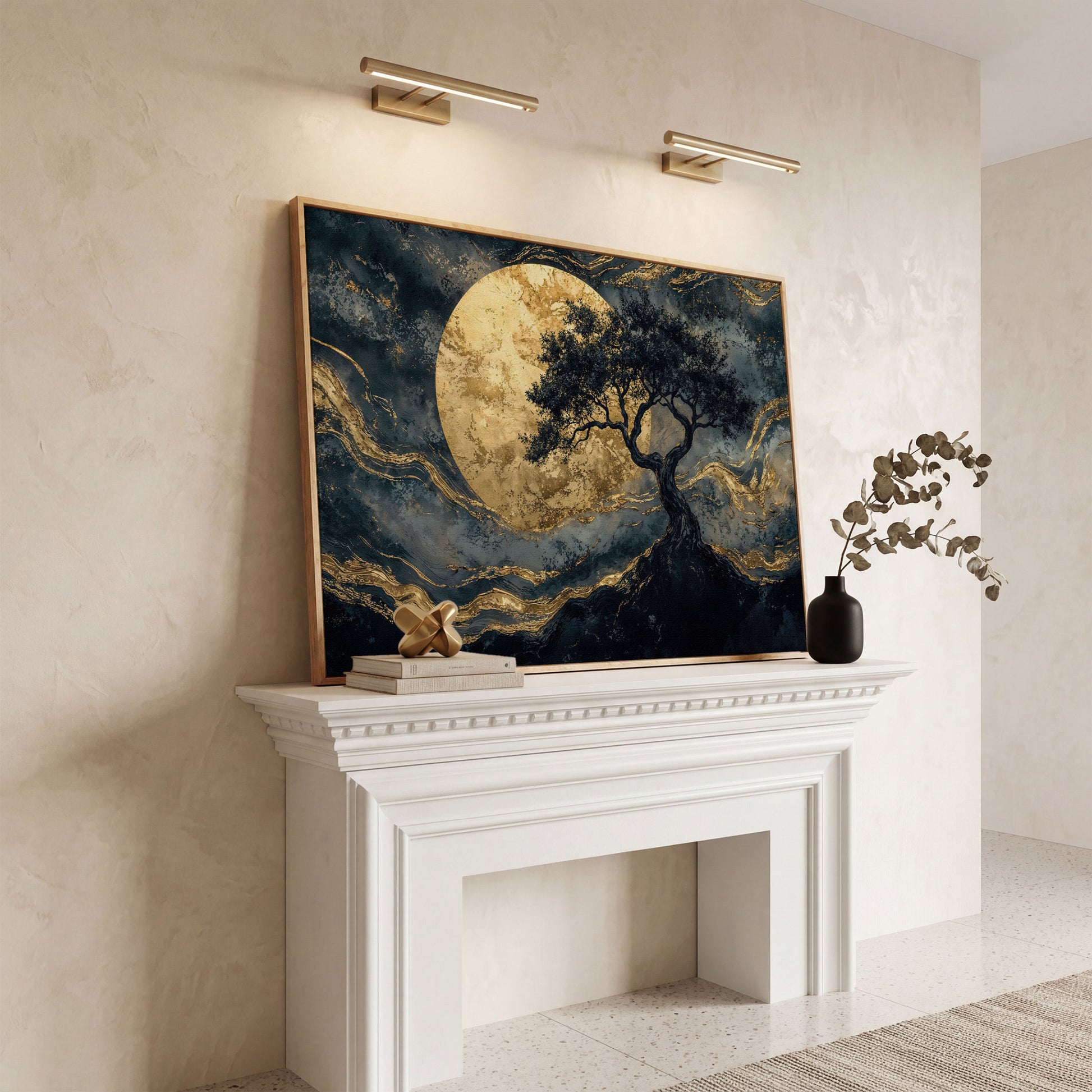 Tree Silhouette with Golden Moon Canvas in white oak floating frame