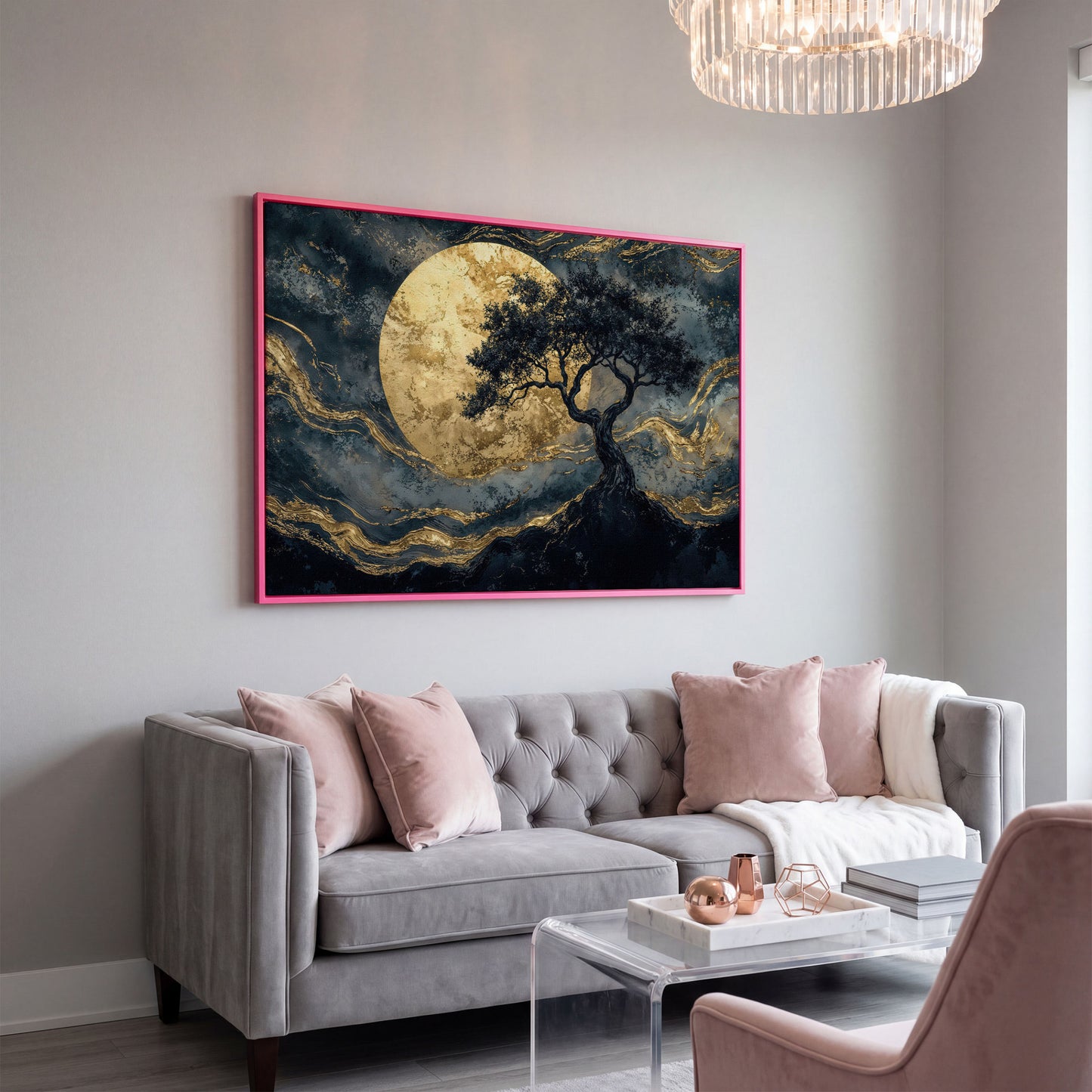 Tree Silhouette with Golden Moon Canvas in pink floating frame