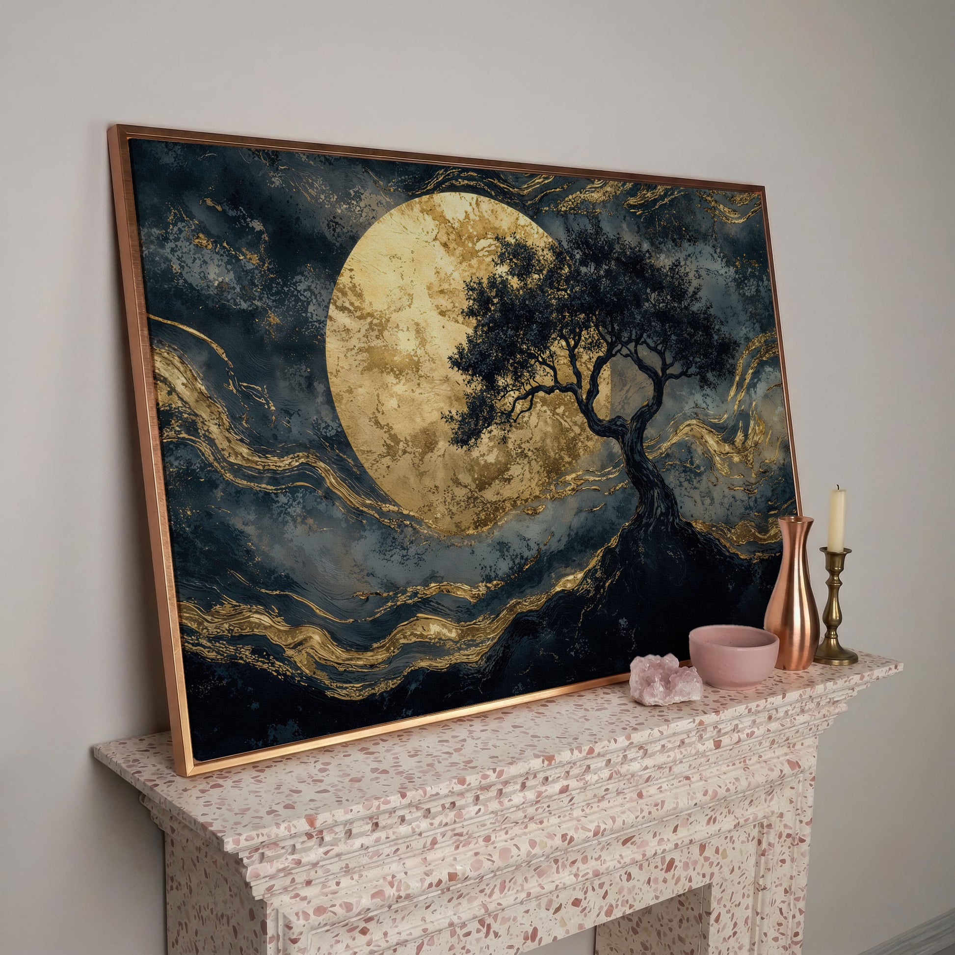 Tree Silhouette with Golden Moon Canvas in rose gold floating frame
