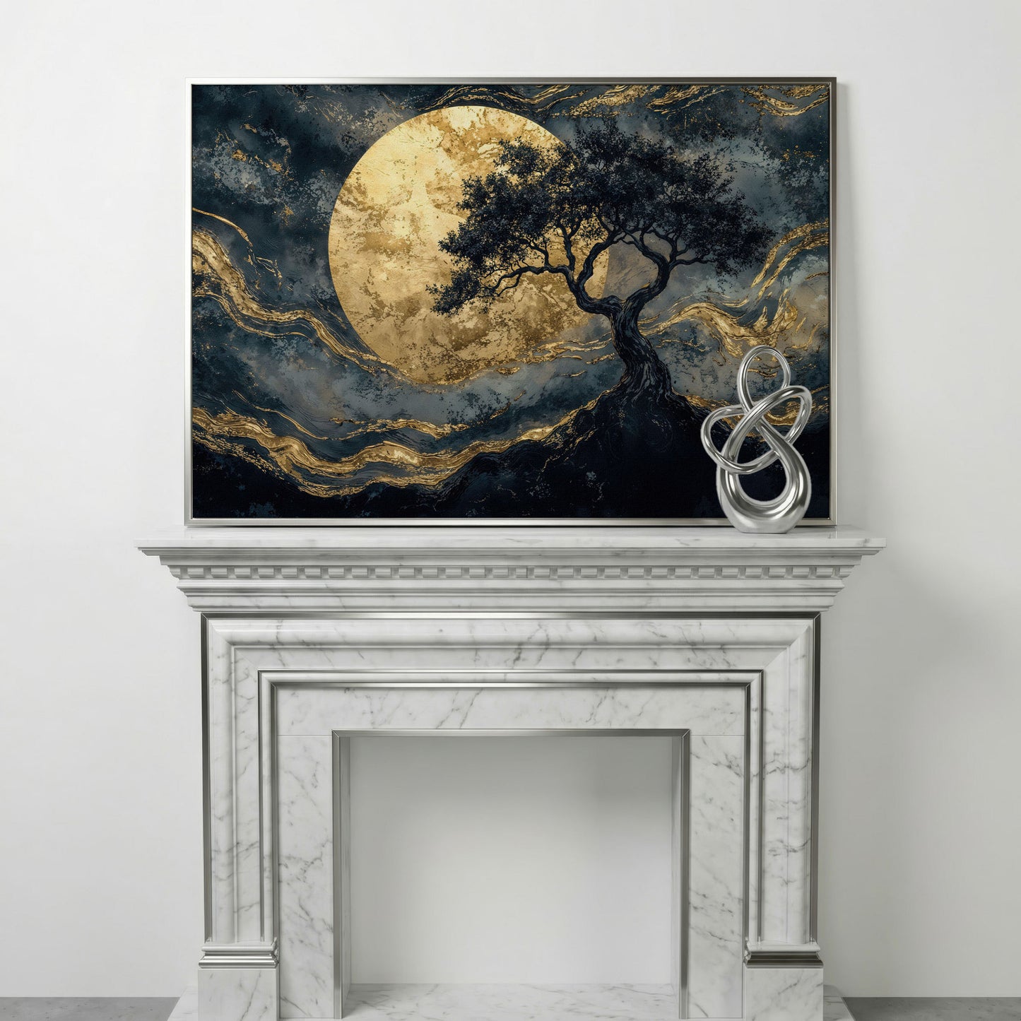 Tree Silhouette with Golden Moon Canvas in silver floating frame