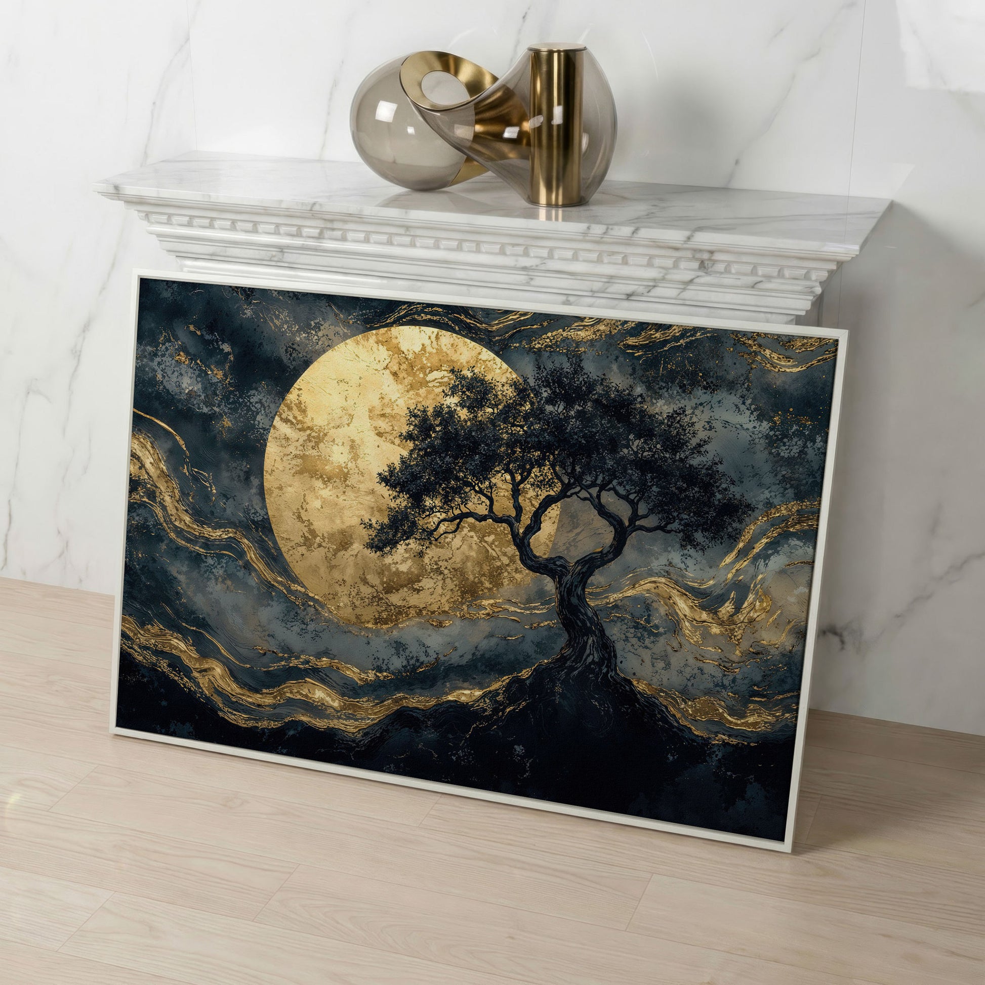 Tree Silhouette with Golden Moon Canvas in white floating frame