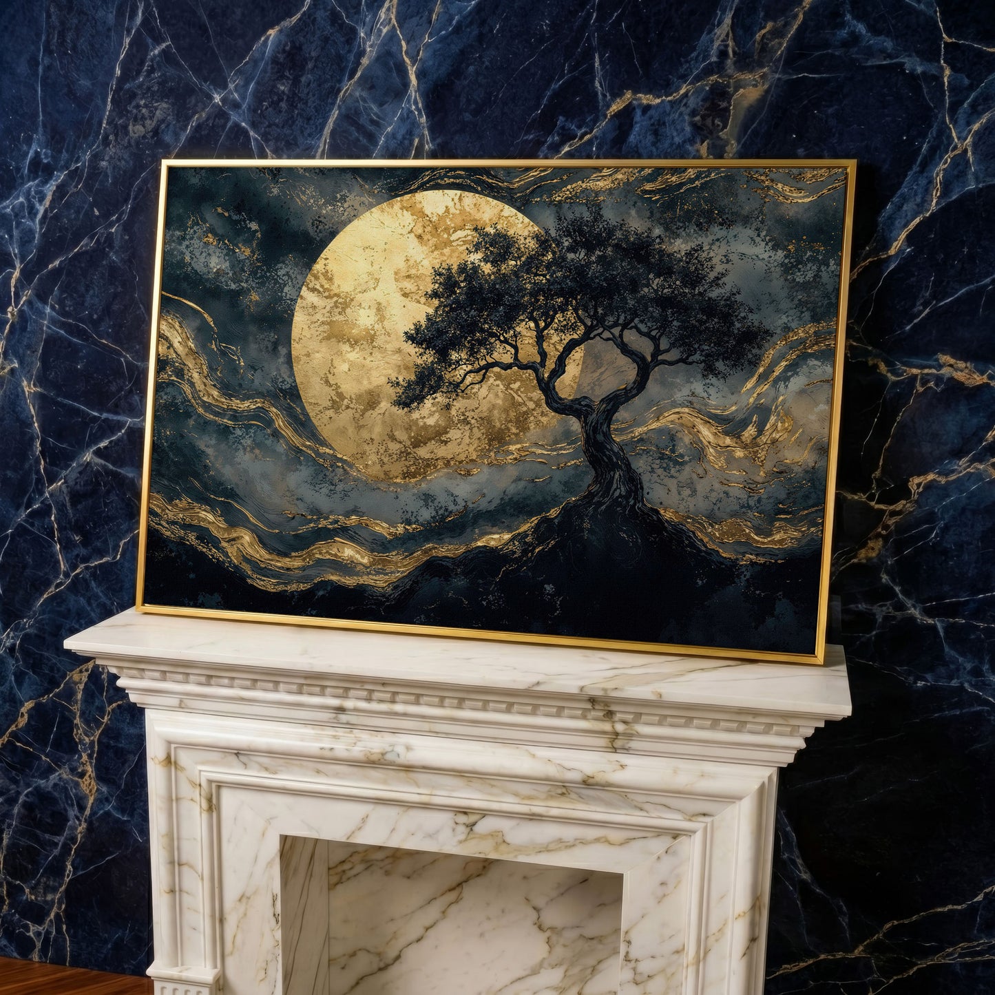 Tree Silhouette with Golden Moon Canvas in yellow gold floating frame