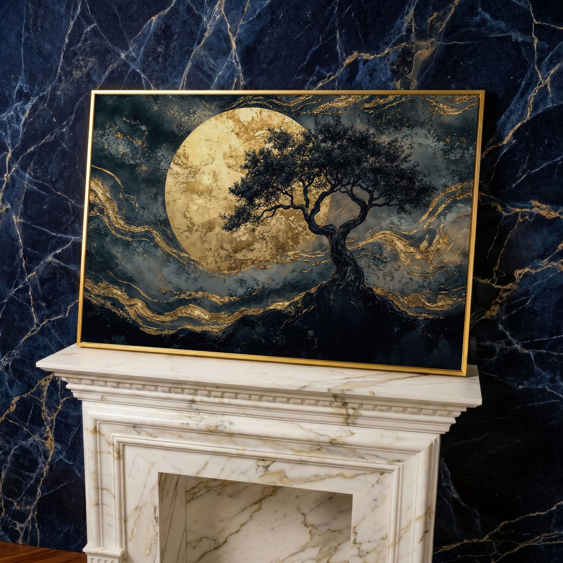 Tree Silhouette with Golden Moon Canvas in yellow gold floating frame