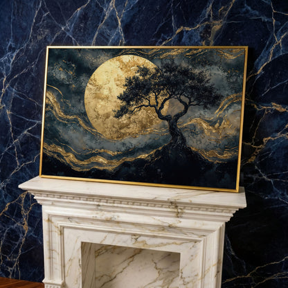 Tree Silhouette with Golden Moon Canvas in yellow gold floating frame