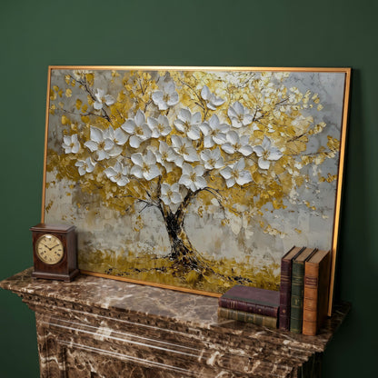 Golden Tree of Life Abstract Canvas in antique gold floating frame