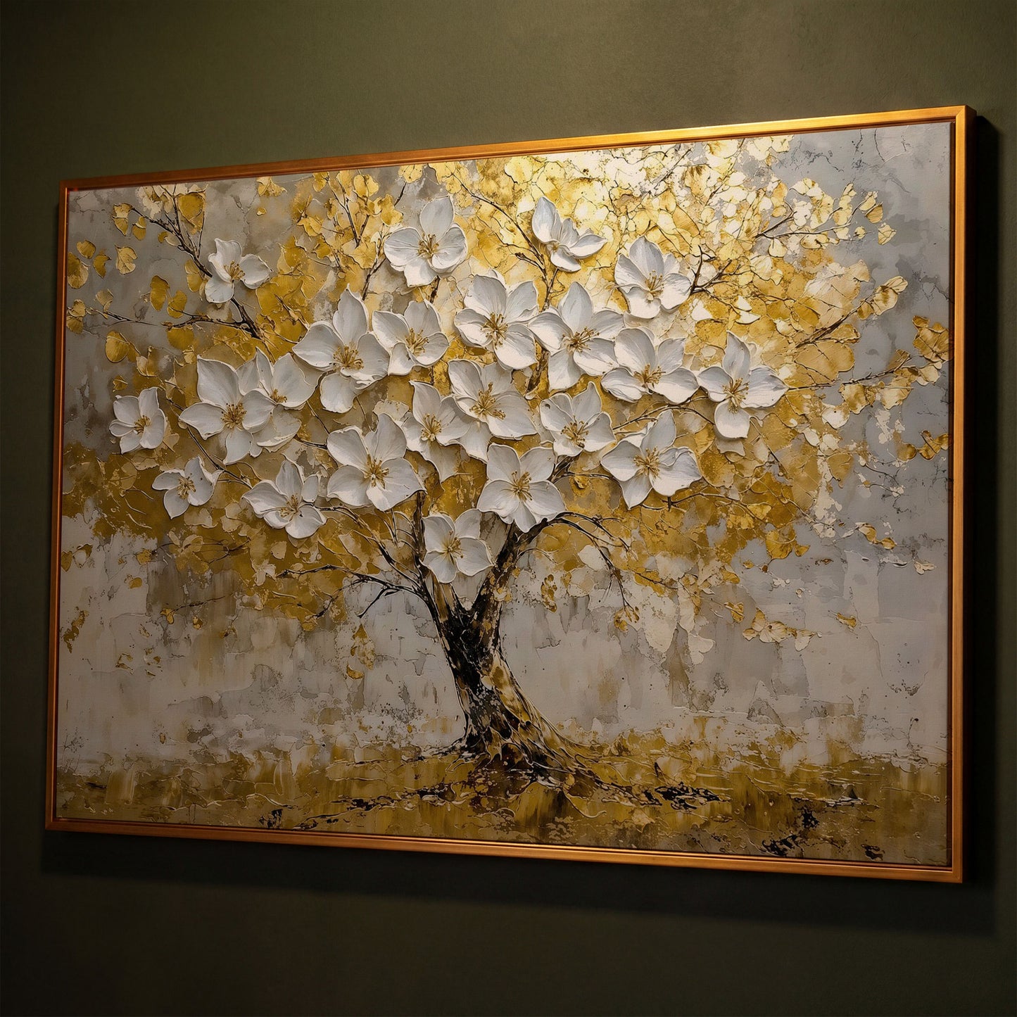 Golden Tree of Life Abstract Canvas shown in antique gold floating frame