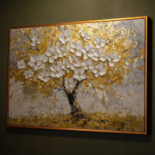 Golden Tree of Life Abstract Canvas shown in antique gold floating frame