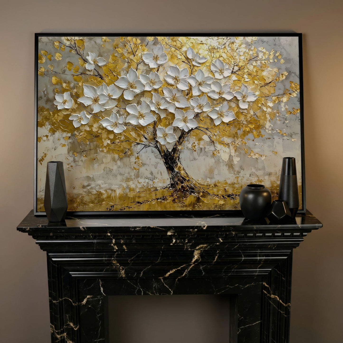 Golden Tree of Life Abstract Canvas in black floating frame