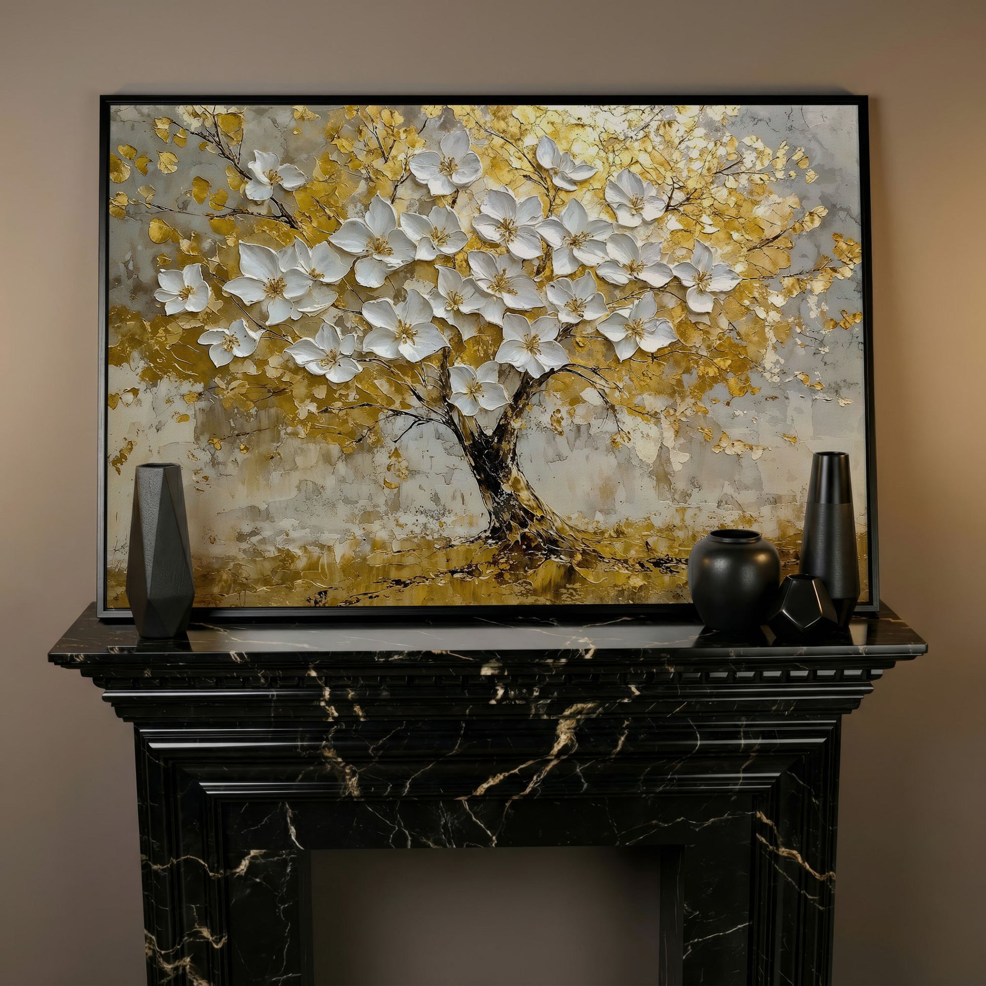 Golden Tree of Life Abstract Canvas in black floating frame