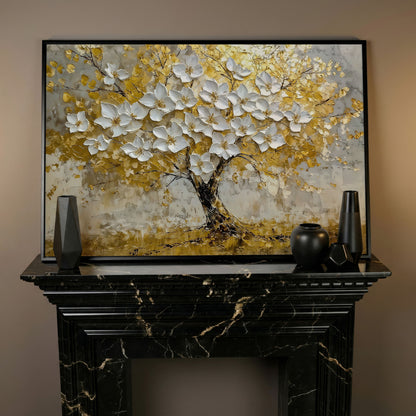 Golden Tree of Life Abstract Canvas in black floating frame