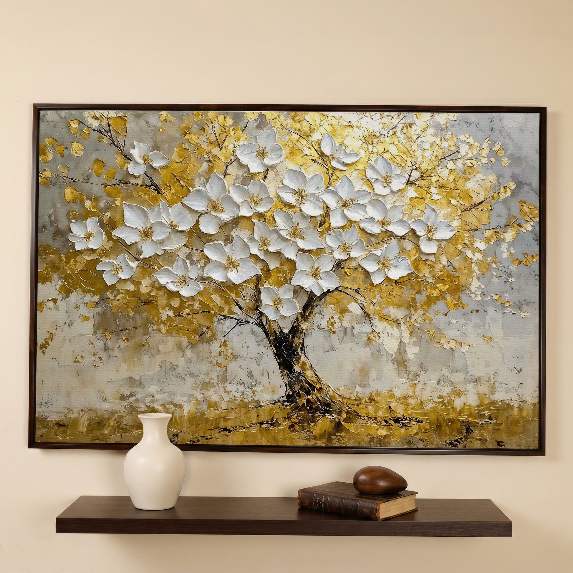 Golden Tree of Life Abstract Canvas in dark walnut floating frame