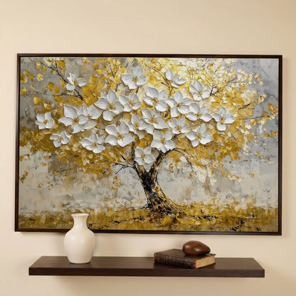 Golden Tree of Life Abstract Canvas in dark walnut floating frame