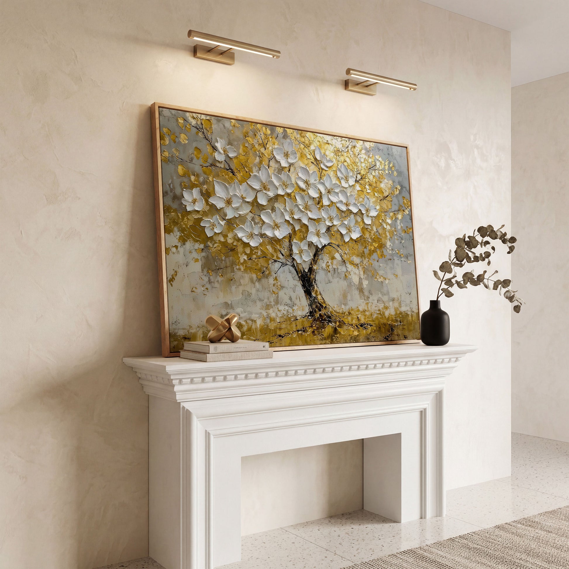 Golden Tree of Life Abstract Canvas in white oak floating frame