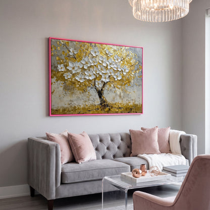 Golden Tree of Life Abstract Canvas in pink floating frame