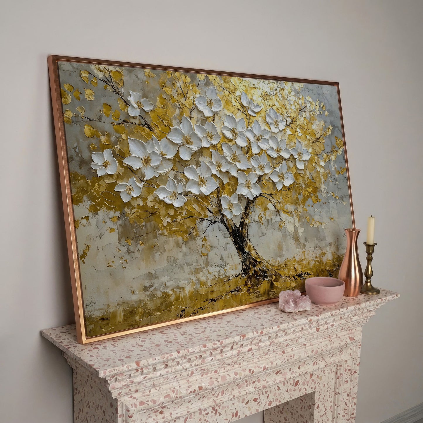 Golden Tree of Life Abstract Canvas in rose gold floating frame