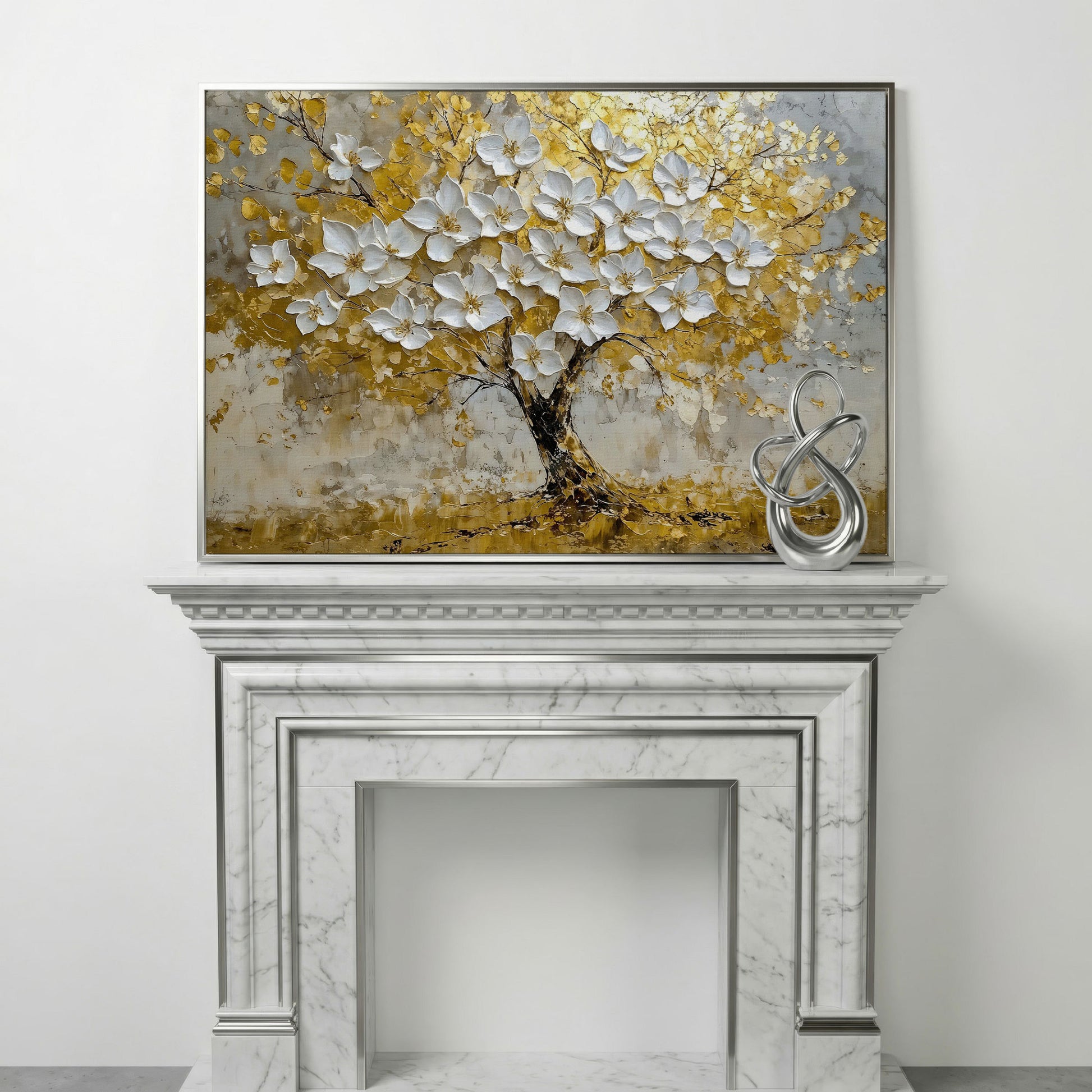 Golden Tree of Life Abstract Canvas in silver floating frame