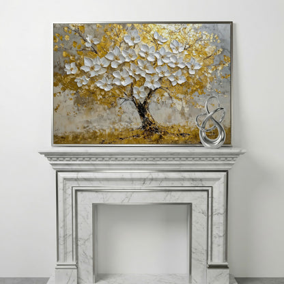 Golden Tree of Life Abstract Canvas in silver floating frame