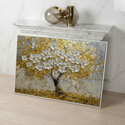 Golden Tree of Life Abstract Canvas in white floating frame