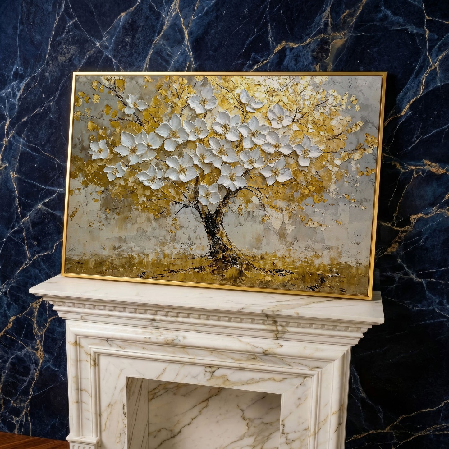Golden Tree of Life Abstract Canvas in yellow gold floating frame