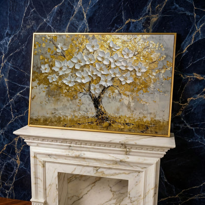 Golden Tree of Life Abstract Canvas in yellow gold floating frame