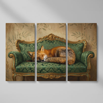 Sleeping Fox on an Antique Green Sofa. Canvas Wall Art as 3-panel split version