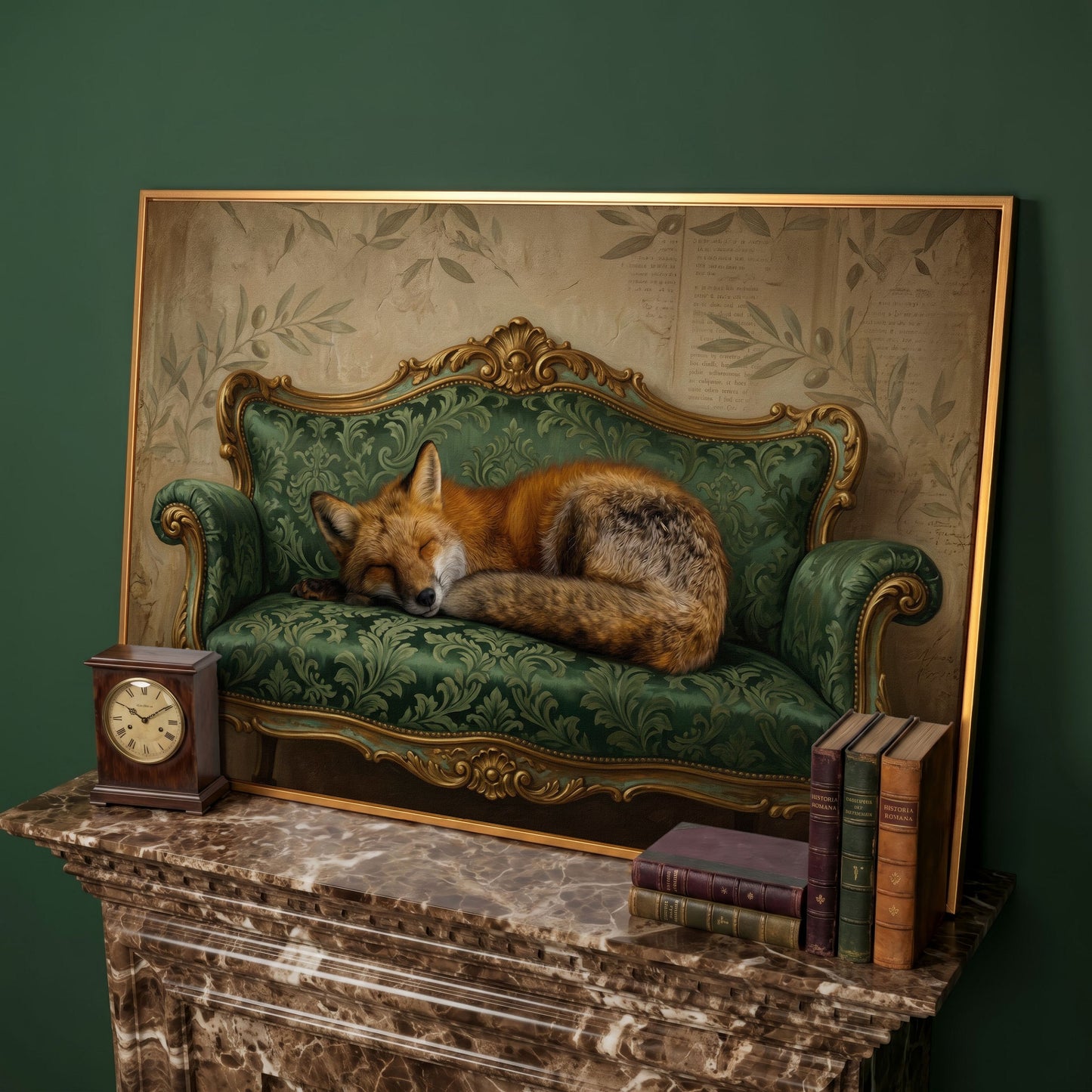 Sleeping Fox on an Antique Green Sofa. Canvas Wall Art in antique gold floating frame