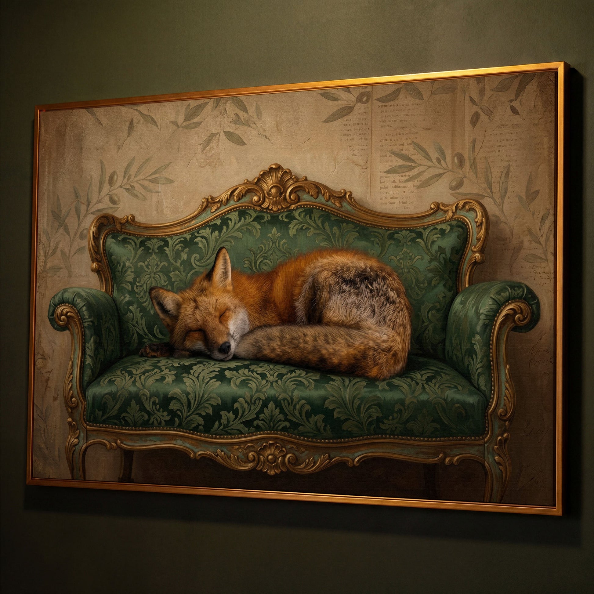 Sleeping Fox on an Antique Green Sofa. Canvas Wall Art shown in antique gold floating frame