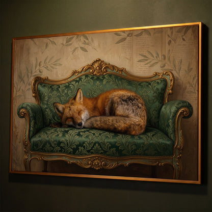 Sleeping Fox on an Antique Green Sofa. Canvas Wall Art shown in antique gold floating frame
