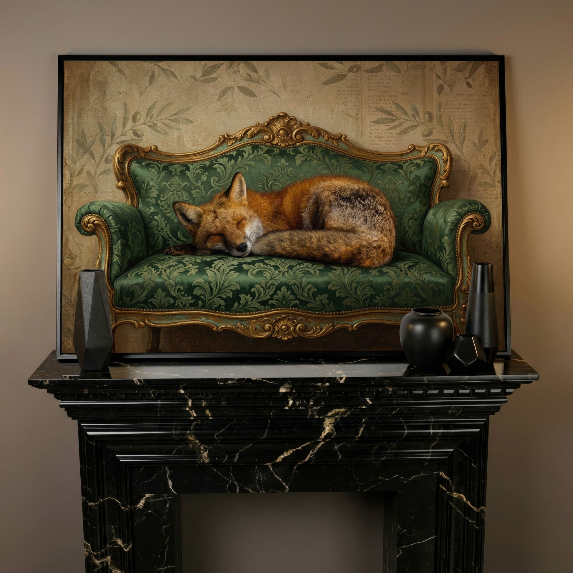 Sleeping Fox on an Antique Green Sofa. Canvas Wall Art in black floating frame