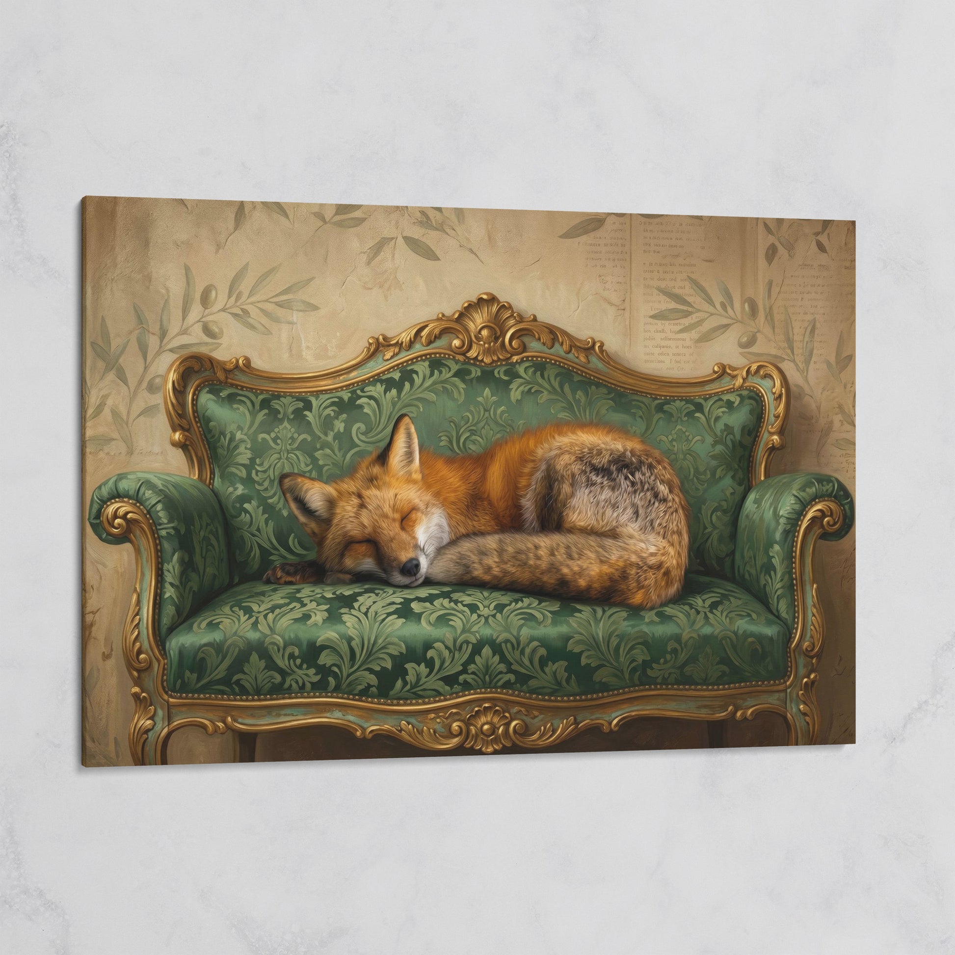 Sleeping Fox on an Antique Green Sofa. Canvas Wall Art on gallery wrap