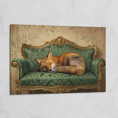 Sleeping Fox on an Antique Green Sofa. Canvas Wall Art on gallery wrap
