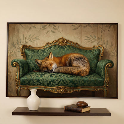 Sleeping Fox on an Antique Green Sofa. Canvas Wall Art in dark walnut floating frame