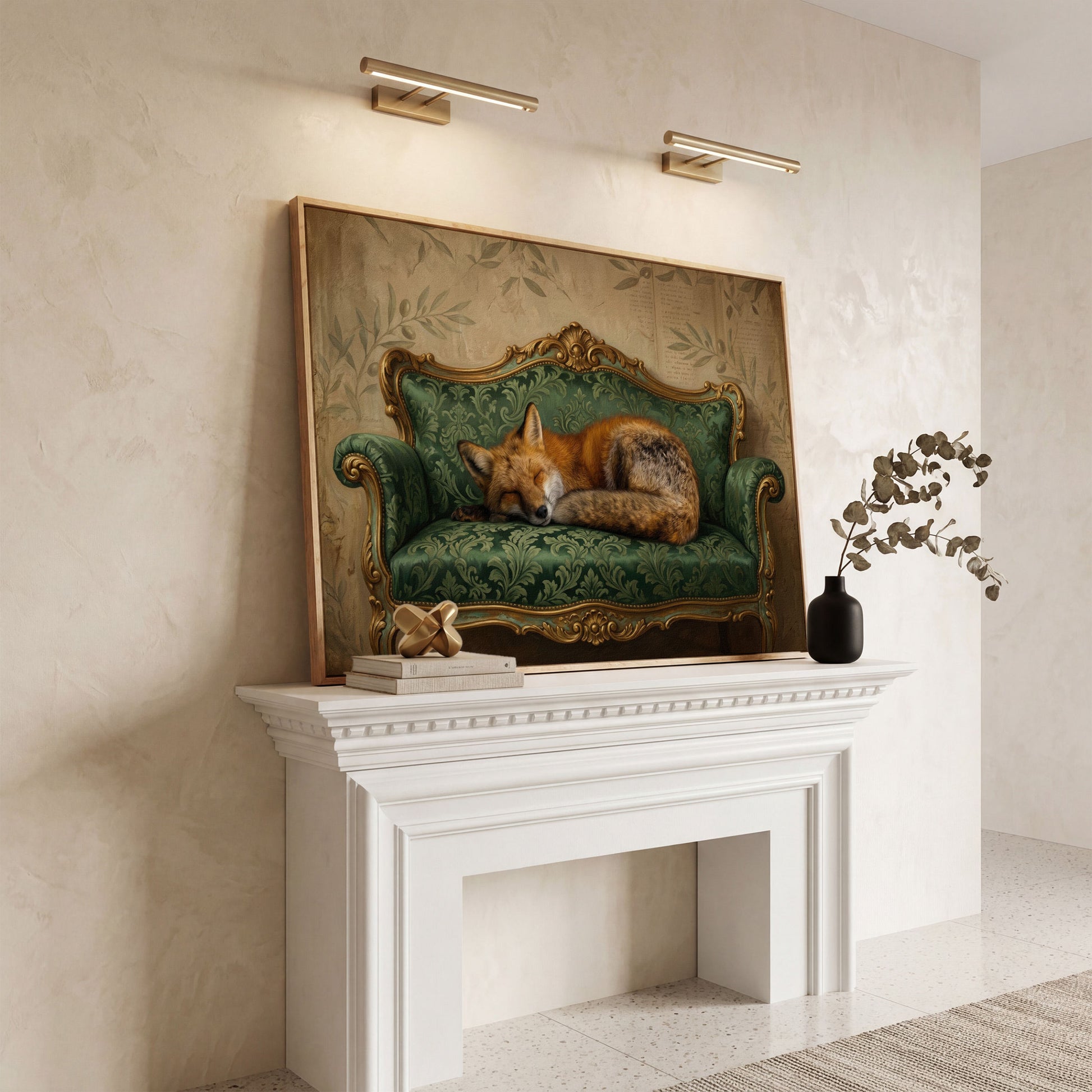 Sleeping Fox on an Antique Green Sofa. Canvas Wall Art in white oak floating frame