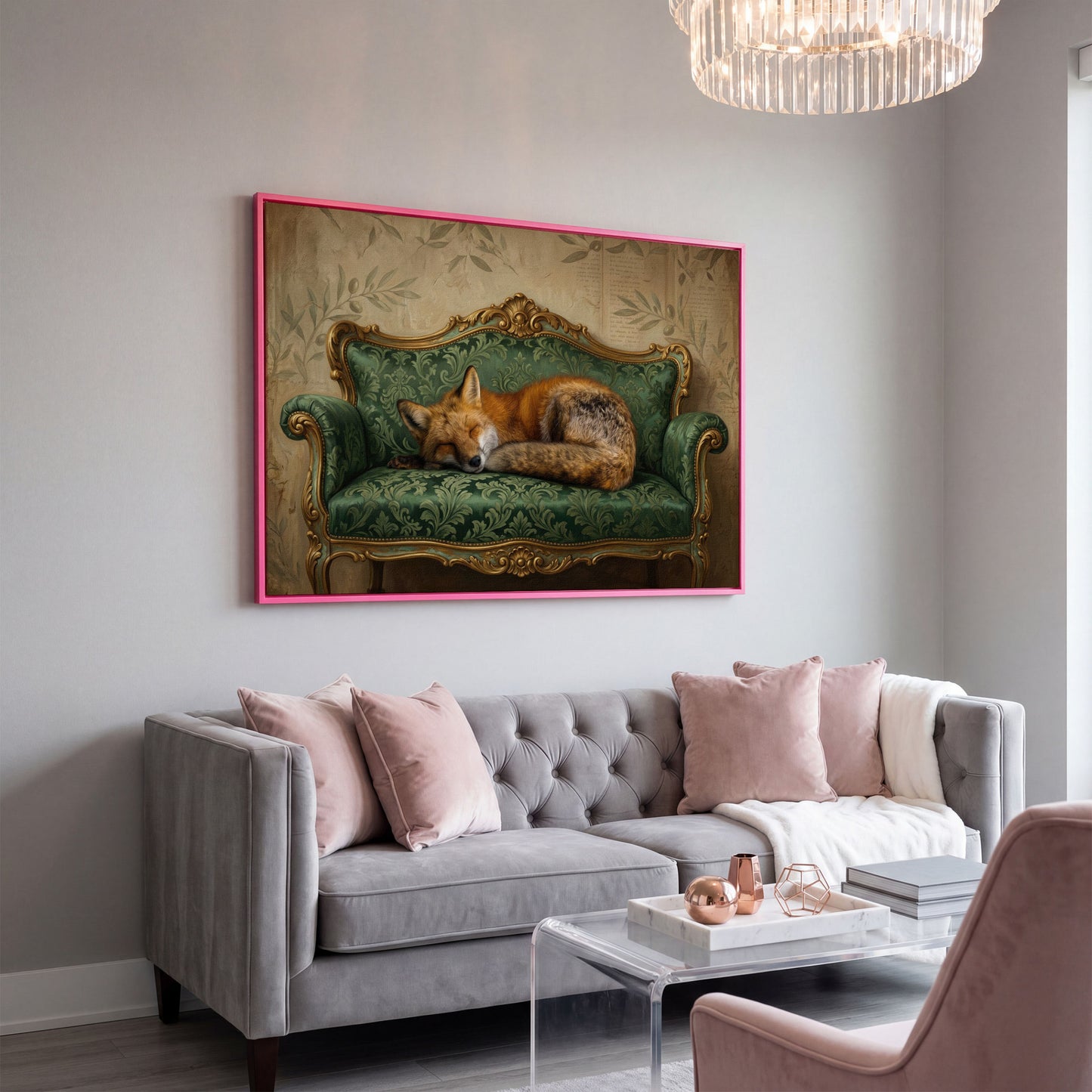 Sleeping Fox on an Antique Green Sofa. Canvas Wall Art in pink floating frame