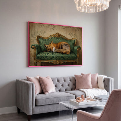 Sleeping Fox on an Antique Green Sofa. Canvas Wall Art in pink floating frame