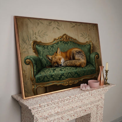 Sleeping Fox on an Antique Green Sofa. Canvas Wall Art in rose gold floating frame
