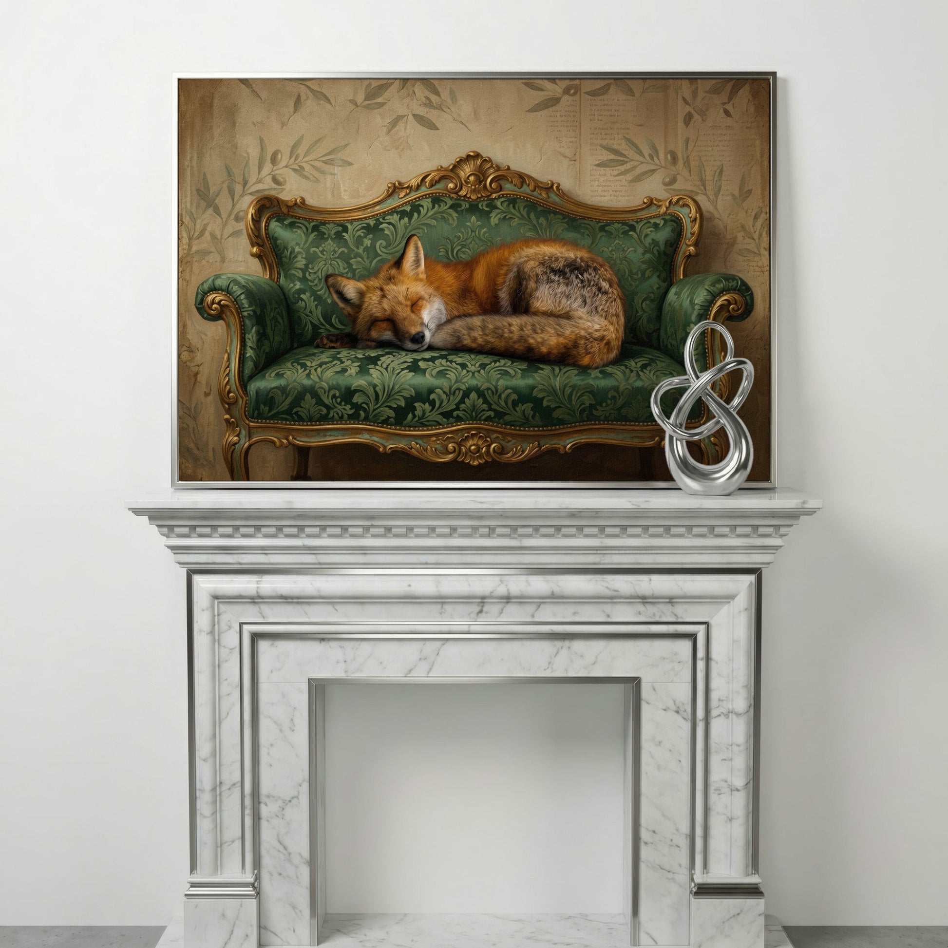 Sleeping Fox on an Antique Green Sofa. Canvas Wall Art in silver floating frame