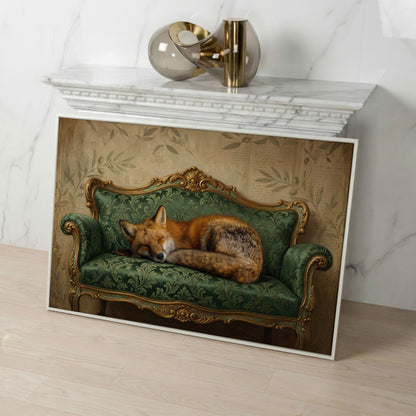 Sleeping Fox on an Antique Green Sofa. Canvas Wall Art in white floating frame