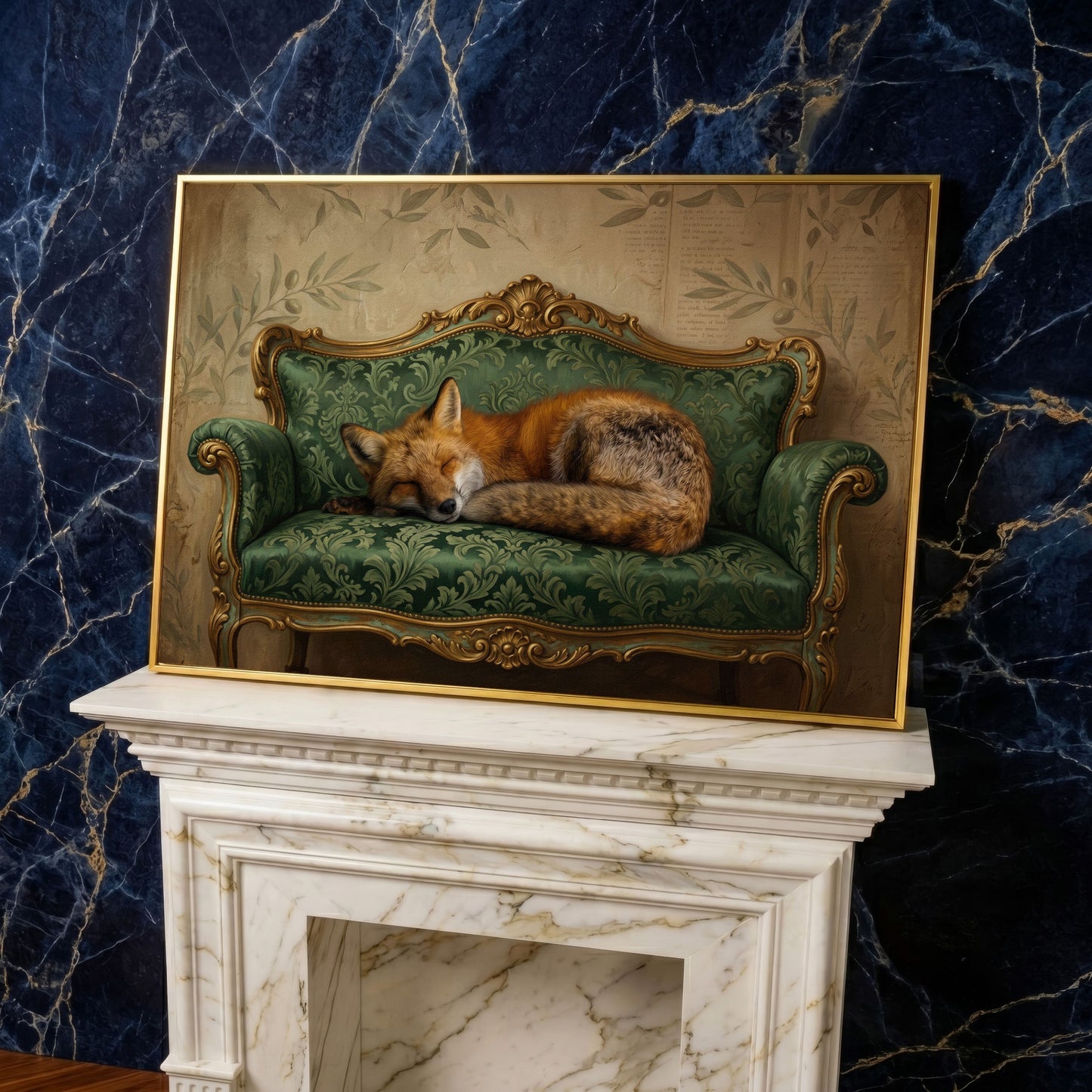 Sleeping Fox on an Antique Green Sofa. Canvas Wall Art in yellow gold floating frame