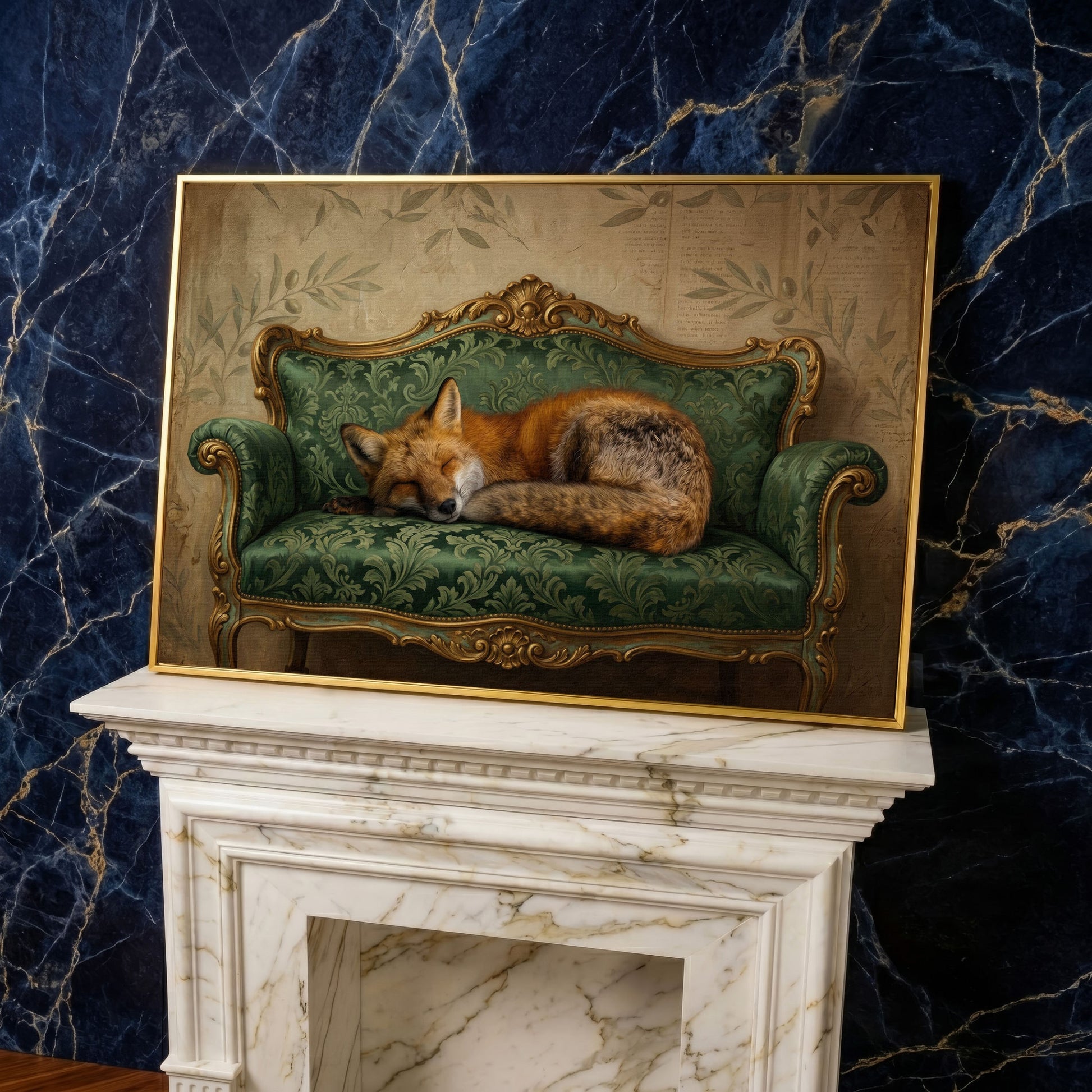 Sleeping Fox on an Antique Green Sofa. Canvas Wall Art in yellow gold floating frame